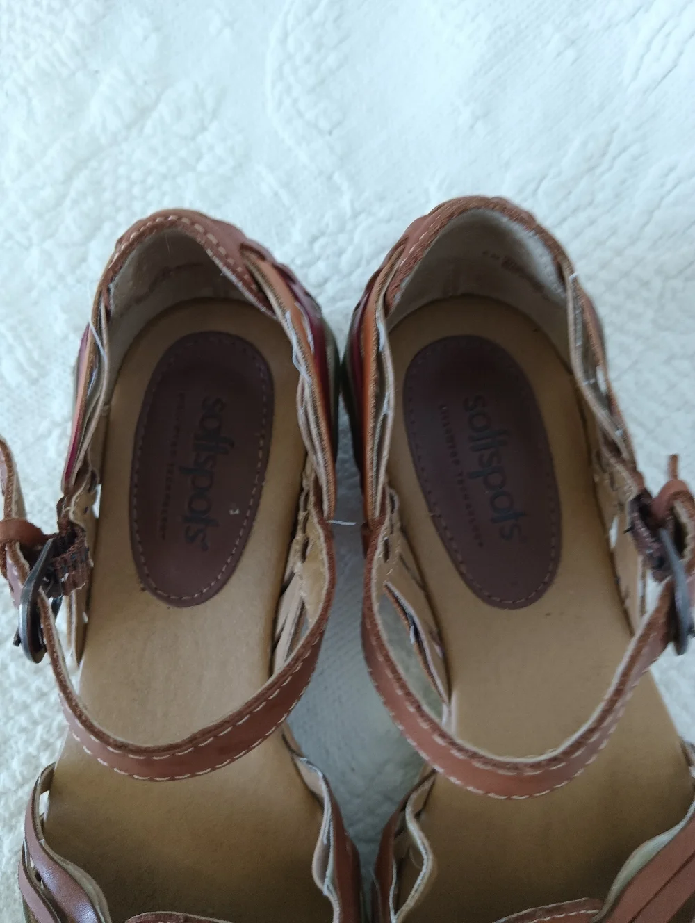 Softspots Brown Multi-Color Woven Leather Sandals Closed Toe Hippie Short Heel 6 - Picture 8 of 13